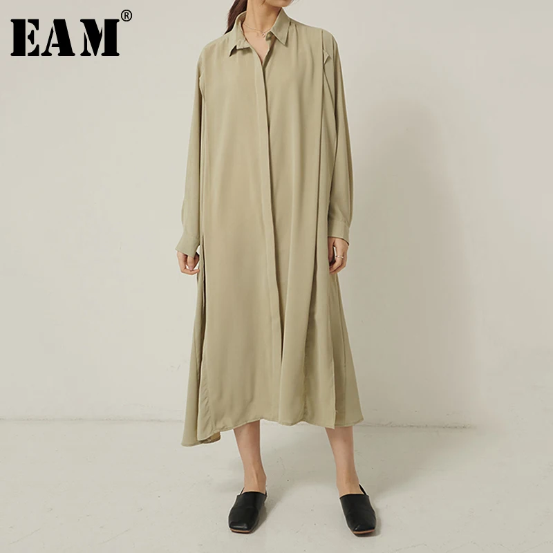 

[EAM] Women Green Bandage Brief Big Size Long Shirt Dress New Lapel Long Sleeve Loose Fit Fashion Tide Spring Autumn 2020 1S318