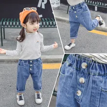 Детские ковбойские свободные штаны с тремя пряжками г., новая осенняя одежда в Корейском стиле для маленьких девочек длинные свободные штаны