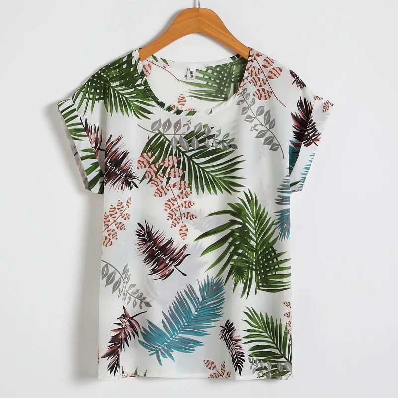 2021 o Pescoço Tamanho Grande Mulheres Chiffon Blusa Verão Batwing Manga Camisas Curta Impresso Casual Senhoras Topos Bluzka Damska 10 Blusas e Camisas