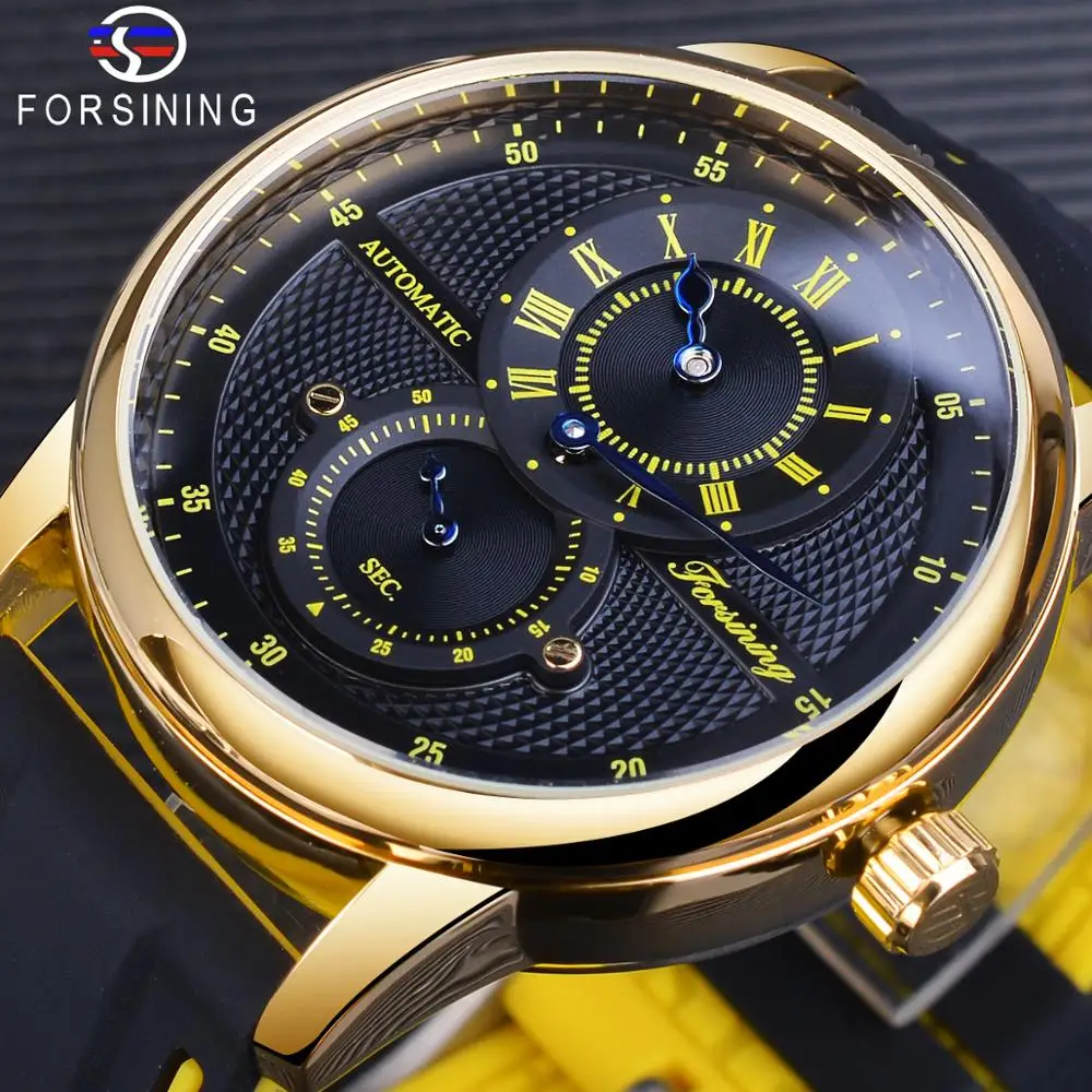 

Forsining Men Fashion Black Golden Transparent Automatic Wristwatch Waterproof Mechanical Watch Silicone Band Casual Sport Clock