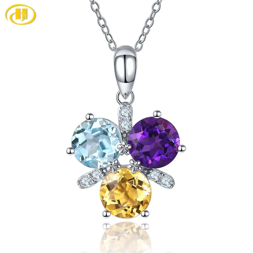 Hutang Women's Pendant Natural Color Gemstone Amethyst Citrine Blue Topaz 925 Sterling Silver Chain Fine Elegant Jewelry Gift