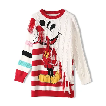 

Spring Fall Striped Long Sweater Female Color Matching Beading Tassel Long Sleeve Knitted Pullover High Street Long Sweater Tops
