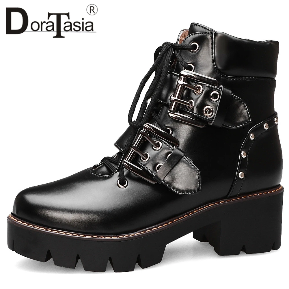 

DORATASIA New Belt Buckle Rivet Booties Ladies Big Size 32-43 Platform Ankle Boots Women 2019 Winter Chunky Heels Shoes Woman