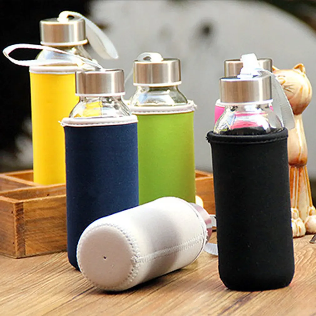 300ml Glass Drinking Bottle Borosilicate Glass Water Bottle with Cloth Cover Pouch Portable Travel Drink Bottle