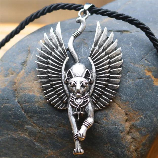 Ожерелье с крыльями ангела, этнический Кот, ювелирное изделие, WICCA, языческий талисман, Египетский Сфинкс, Jwelry для женщин и мужчин, с волчьей цепочкой - Окраска металла: 6