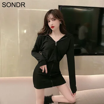 

Kawaii Autumn Korean Version Solid Color Dresses Hong Kong Flavor Cute Hooded Dress 2020 Summer Long Sleeve Zipper Dress Women