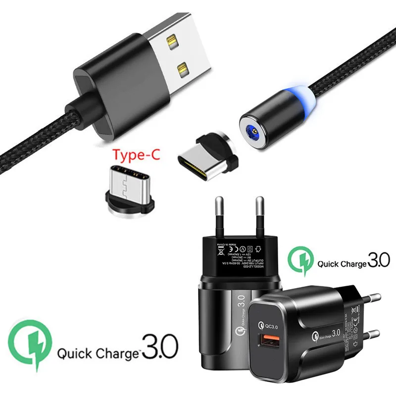 Магнитный USB QC 3,0 быстрое зарядное устройство zte Axon 7 Nubia Z17 Mini S type C Магнитный провод для зарядки Meizu 16 16Xs samsung S8 M40 A30 A50 - Тип штекера: EU charger and cable