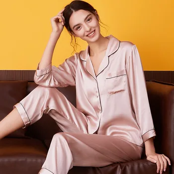 100% Mulberry Silk Pajamas Women Summer Winter Spring Long-sleeved Two-piece Couple Home Service Silk Pajamas For Lady 1