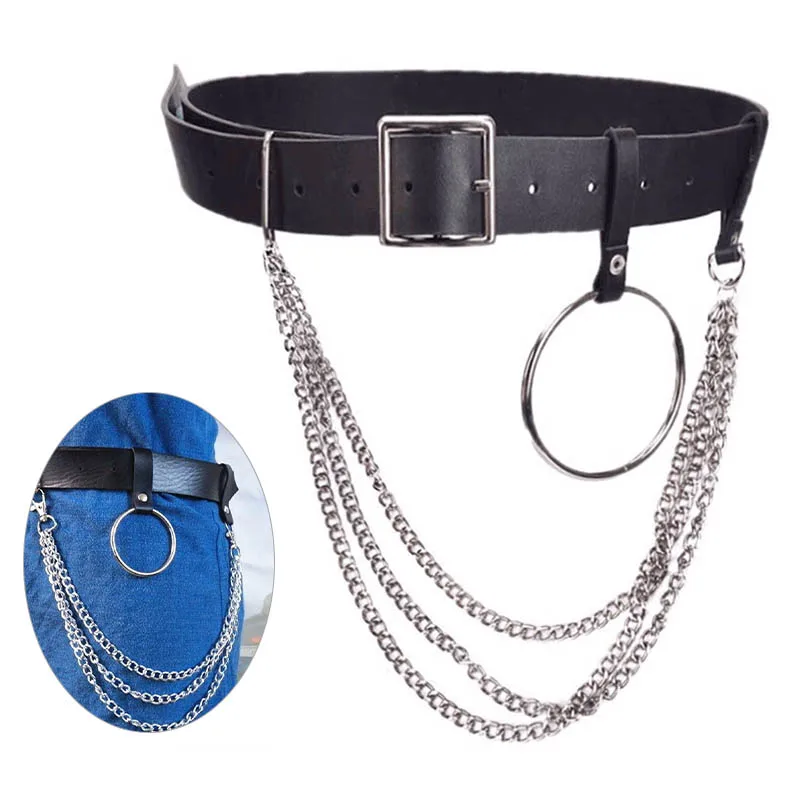 Hot Sale Female Leather  Belts Punk Gothic Rock Double Single Eyelet Grommet Waist Metal Chain Body Bondage Hollow Belt Acc