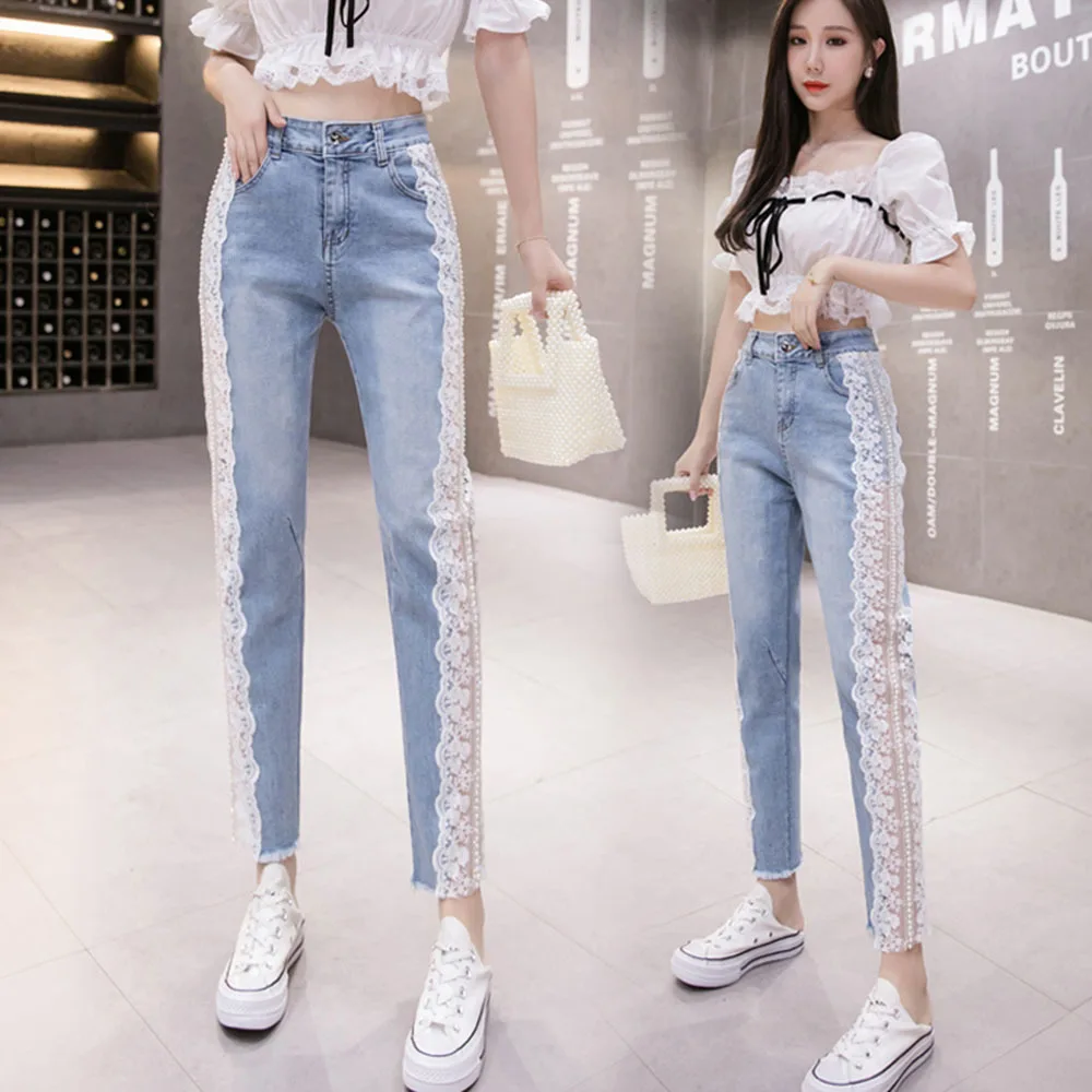 

Женские укороченные джинсы, Свободные повседневные джинсовые брюки с кружевом и пэчворком, модные эластичные брюки с бусинами, весна-лето 2022