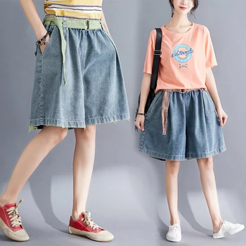 

Korean Ripped Denim Shorts Womens Casual Wild Elastic Waist Wide Leg Pants Students With Sashes Pockets Oversized Pants Classic