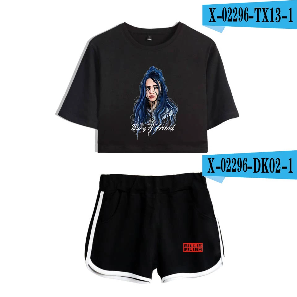 As Picture Popular new to Billie Eilish black short belly button T-shirt+ white shorts fashion women casual cotton girl two-piece - Цвет: As Picture