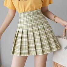 Pleated Skirt Women's 2021 Summer New Avocado Green Plaid Print High Waist Korean Student Mini Skirt JKS Y2K Plus Size Goth