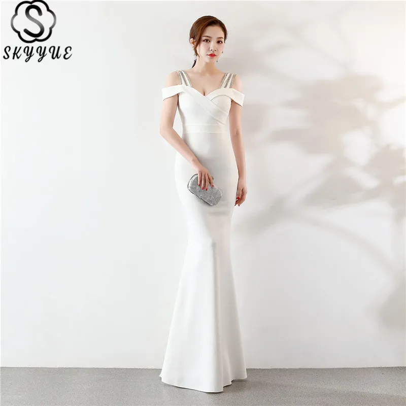 

Skyyue Eveing Gown Square Collar Off The Shoulder Ruched Long Dresses Evening Short Sleeve Solid Mermaid Robe De Soiree C104