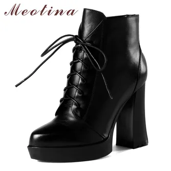 

Meotina Winter Ankle Boots Women Natural Genuine Leather Thick Heel Short Boots Zipper Extreme High Heel Shoes Lady Autumn 34-39