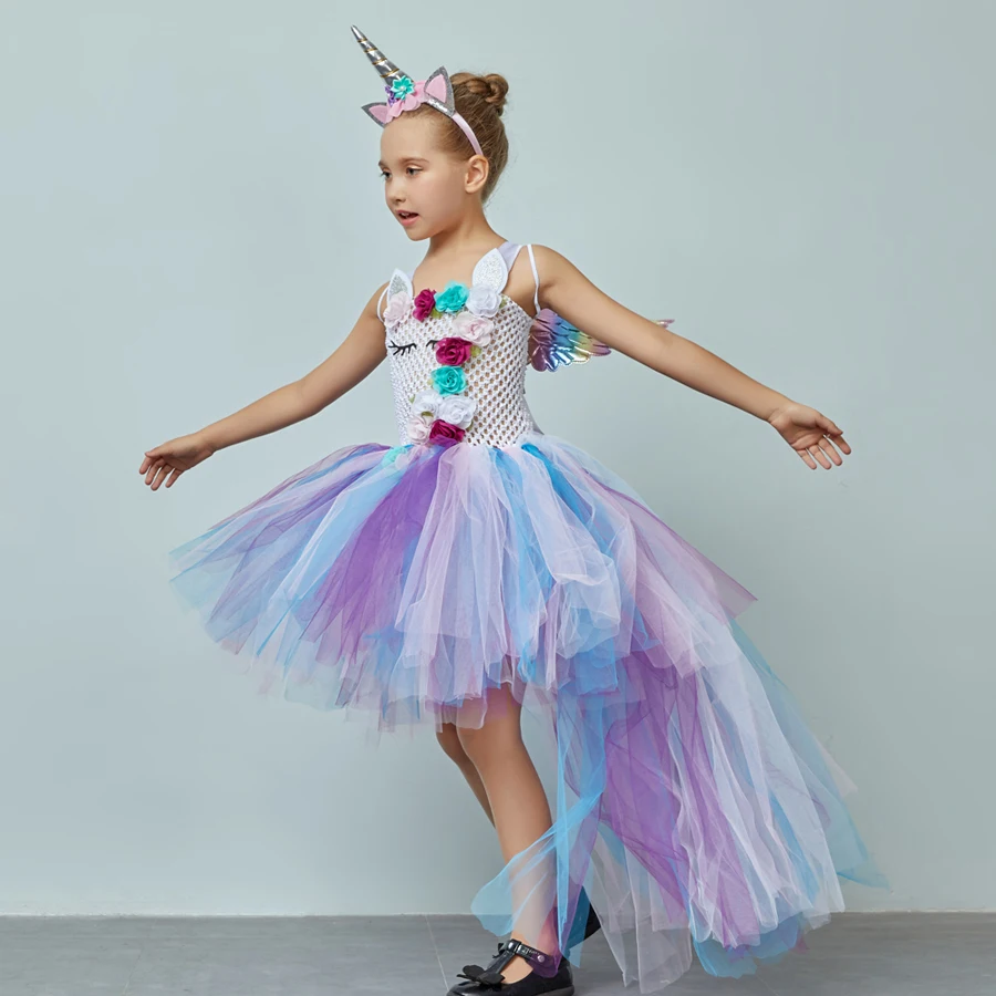 Kids Pastel Rainbow Unicorn Princess Tutu Dress Girls Halloween Pageant Costume Kids Tulle Train Unicorn Birthday Ball Gown Dress  (4)