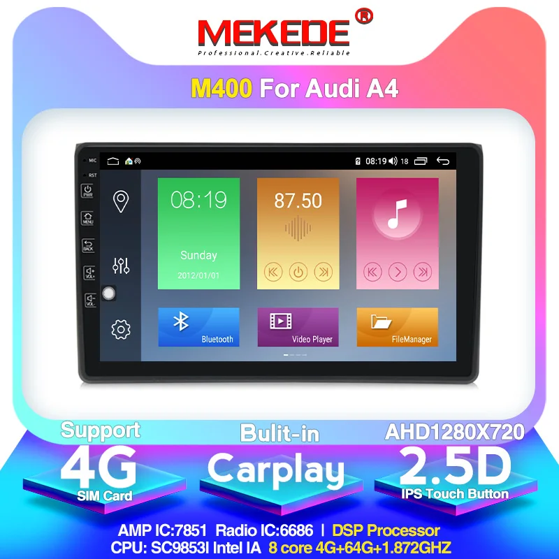 MEKEDE Android 2 Din Автомобильный мультимедийный плеер gps Automotivo для Audi/A4/S4 2002-2008 2.5D ips экран Поддержка carplay 4G sim-карта - Цвет: 64G