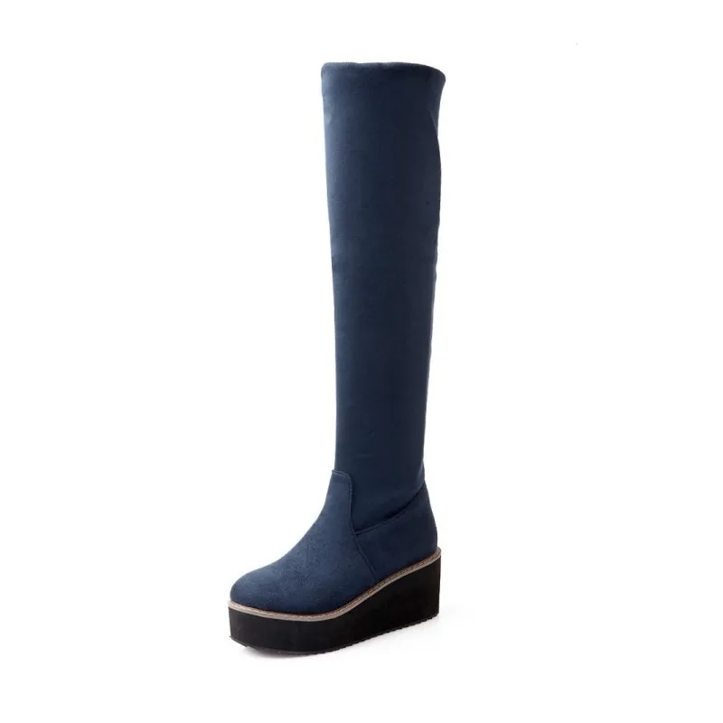 Womens Platform Stretchy Faux Suede Over The Knee Boots Slim Fit Elegant Lady Shoes Botas Feminina Round Toe Slip On Footwear | Обувь