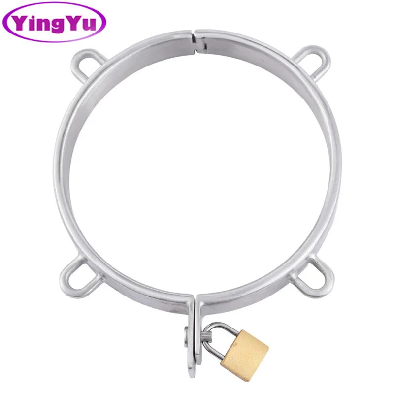 

New Stainless Steel Lockable Neck Collar With 4 Ring Fetish Slave Restraint Bondage Chastity Locking Bdsm Sex Toys For Couples