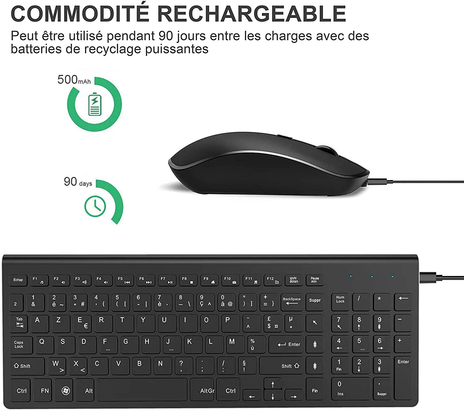 Teclado sem Fio Francês do Rato e do Teclado Recarregável de Azerty Apropriado para o pc Teclado Ergonômico Computador Portátil tv Combination.2.4g. - - Imagem 2