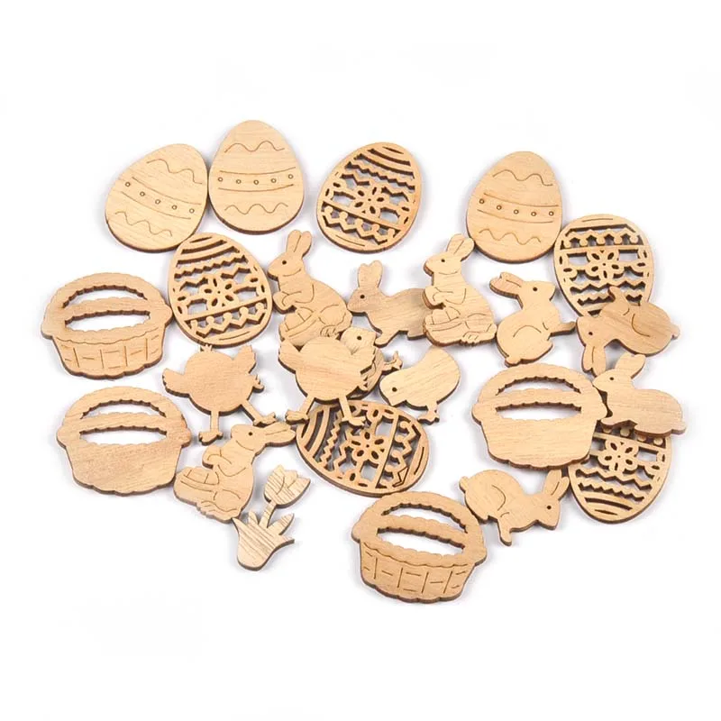 20-40mm 25Pcs Easter Eggs/Bunny Natural Wood Pieces DIY Scrapbooking Crafts Supplies Handmade Wooden Ornaments Home Decor M2732