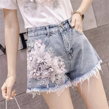 

3D Flowers Pearl Decorated Wide leg denim shorts female high waisted A Line Sratch Pocket Short Embroidery Flower Beads Trousers