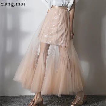

High Street Sexy Transparent Mesh Patchwork Pink Long Skirt Women High Waist Sumemr Sequined Party Pleated Maxi Skirts Tulles