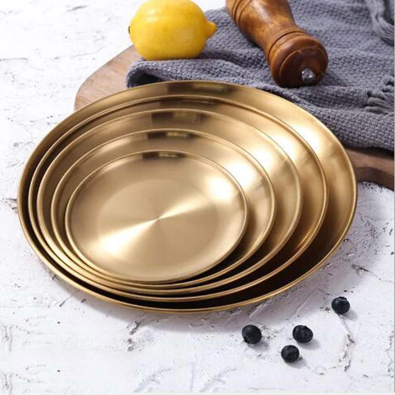 

European Style Dinner Plates Gold Dessert Plate Kitchen Serving Dishes Salad Round Plate Cake Tray Western Steak Round Tray