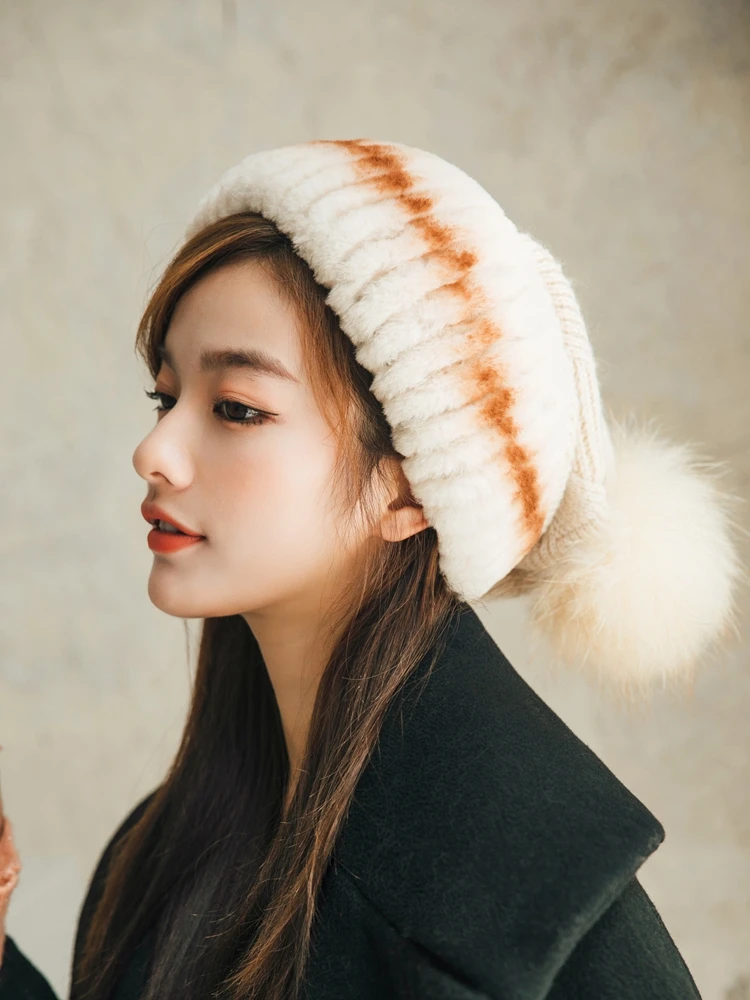 

Fox fur hat women's winter sweet cute hat Korean style fashion ear protection Rex rabbit fur versatile hat easy for matching