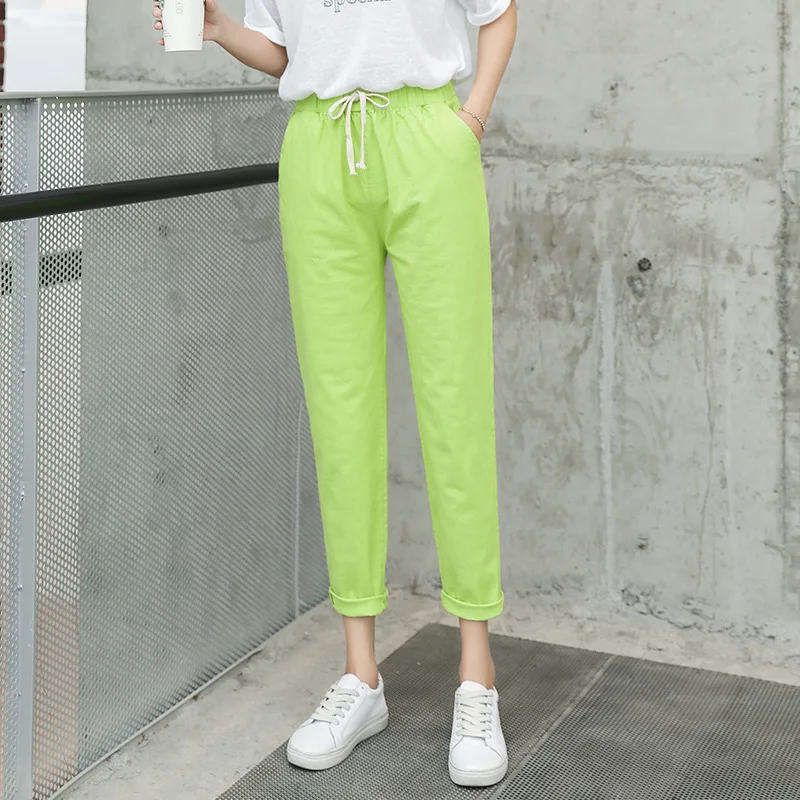 Grass green Женские брюки с высокой талией, повседневные Прямые свободные штаны из хлопка и льна, женские штаны Харадзюку, большие размеры, брюки-карго для женщин, штаны-шаровары - Цвет: Grass green