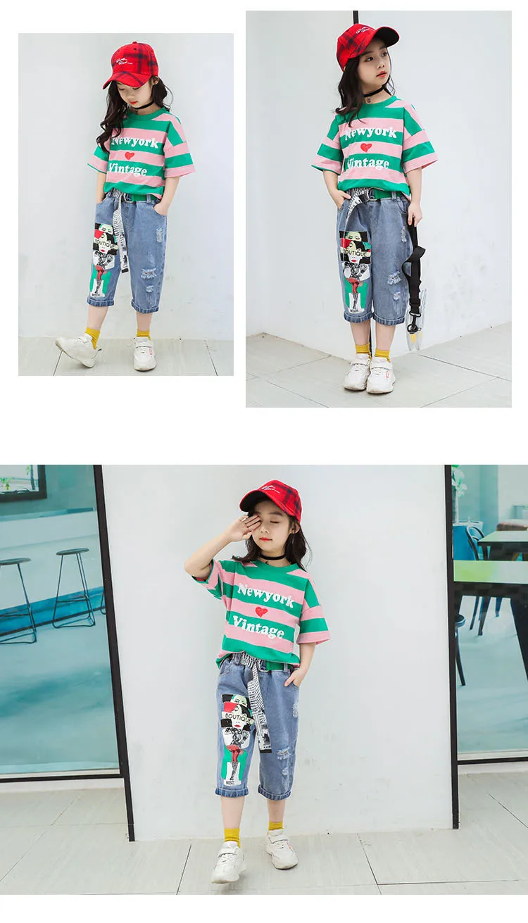 Girls Summer Clothes Summer Boutique Outfits Kids Clothing Set Toddler Children Striped T-shirt+ Denim Capri pants