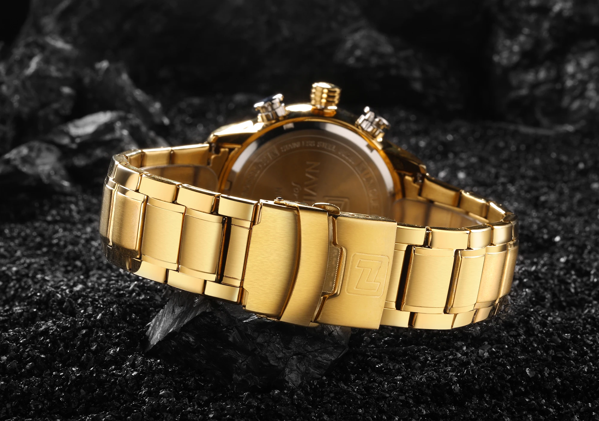 NAVIFORCE Роскошные Кварцевые часы от ведущего бренда, мужские часы с двойным циферблатом и золотым стальным ремешком, Многофункциональные цифровые аналоговые часы с календарем