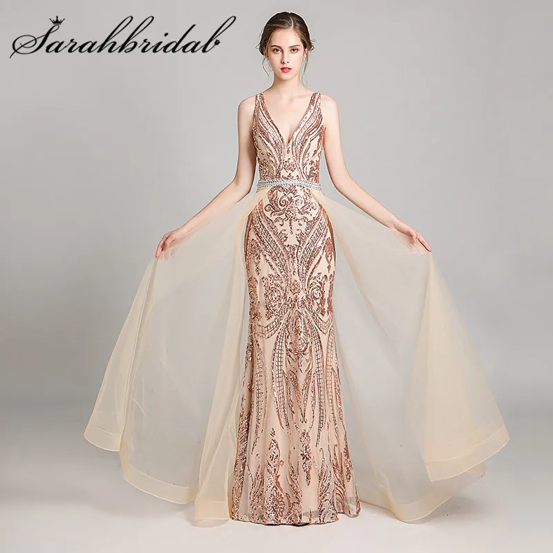 Elegant Evening Dresses V Neck Sleeveless Floor Length Mermaid  Party Gown Sequins Beaded Sashes Sexy Back Robe De Soiree 5265