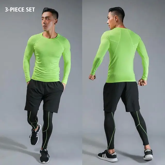 3-piece set Мужская компрессионная одежда, мужская футболка+ леггинсы, Рашгард, топ с длинными рукавами, базовый комплект для мужчин, термобелье для фитнеса и тренировок - Цвет: 3-piece set