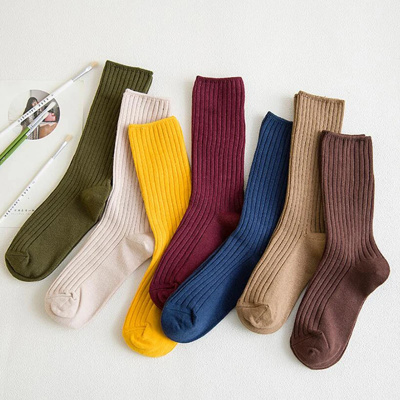 

Japanese Korea High School Girls High Socks Loose Solid Colors Double Needles Knitting Cotton Long Socks Women