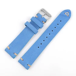 Vintage Grey Suede Leather Watch Strap with Handmade Stitching - Multiple Size Options - 20mm silver buckle (Light blue)