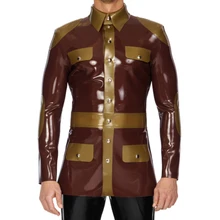 

Brown And Golden Sexy Latex Jacket With Pocket Flaps Buttons At Front Rubber Coat Clothing YF-0243