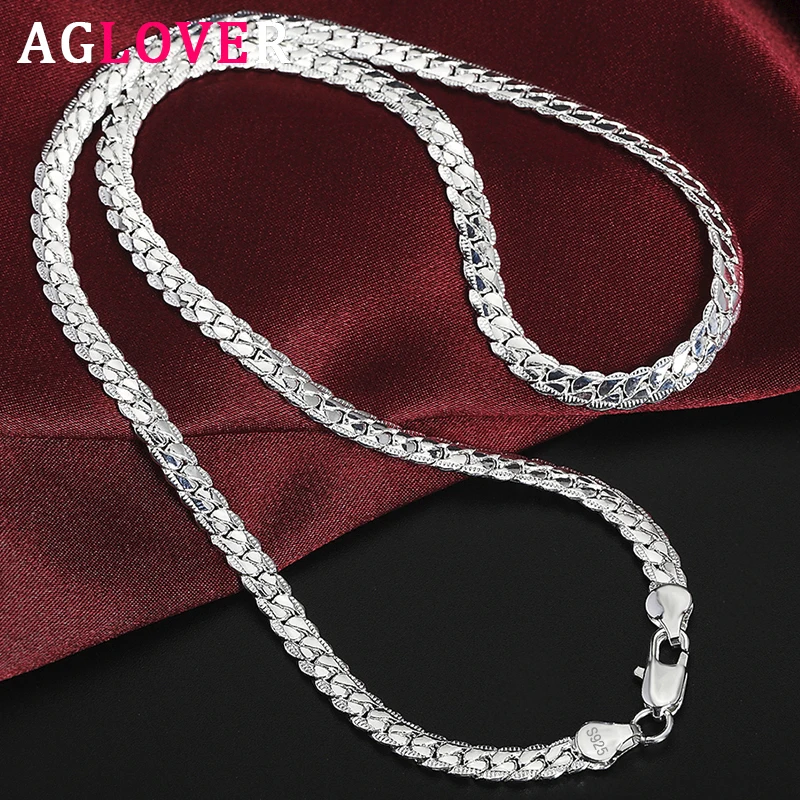 AGLOVER 925 Sterling Silver 20 Inch 18k Gold 6mm Full Sideways Chain Necklace For Women Man Fashion Jewelry Charm Necklace Gift