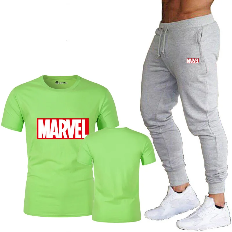 Light color Новинка, модная мужская и женская футболка, Мстители, Marvel, надпись Marvel, мужская футболка+ спортивные штаны, футболка, комплект - Цвет: Light color