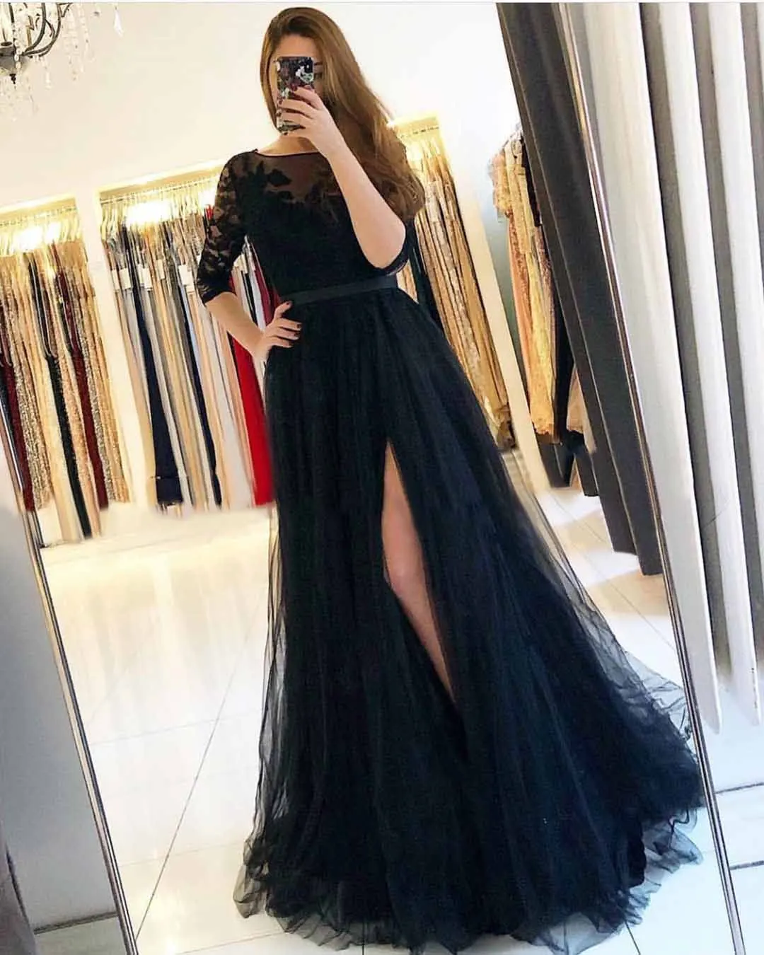 HONGFUYU Tulle A-line Prom Evening Dresses Lace 3/4 Sleeves Side Split vestido de fiesta de boda Evening Gowns for Women Party cheap prom dresses