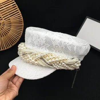 

Summer new han edition elegant fashion pearl white bud silk hat navy female small fresh newsboy cap