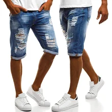 Fashion Solid Plus Size Men Jean Shorts Casual Loose Denim Short Trousers Hole Knee Length Jeans