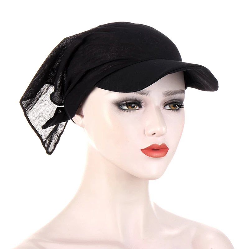 패션 여성 브림 모자 태양 바이저 Pre-Tied 터 번 모자 머리 스카프 Windproof 두건 솔리드 컬러 Headscarf 비치 야외 모자