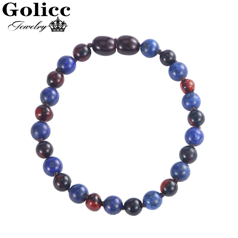 

Golicc Polished Cherry Amber Bracelets Necklace for Men Natural Lapis Lazuli Stones Baltic Sea Amber Kids Adult Jewelry Gift