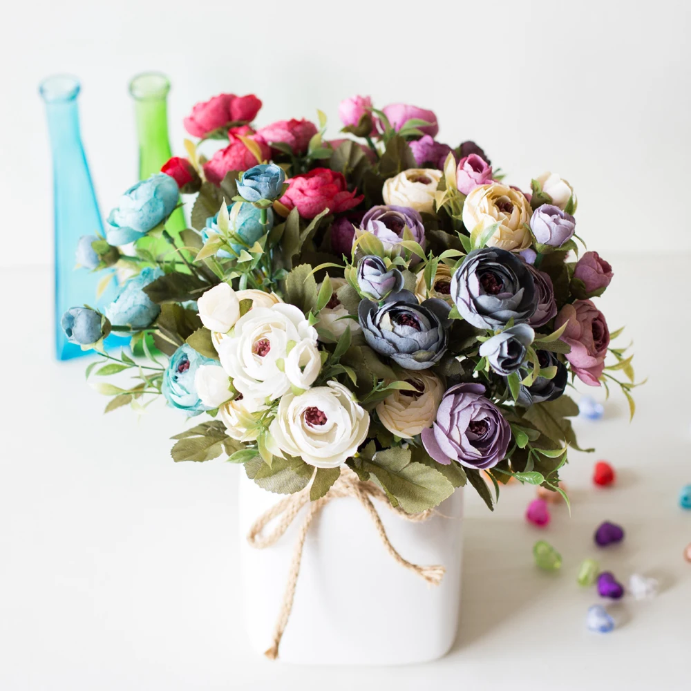9 головок/Букет мини Поддельные чайные розовые цветы пиона для дома свадебный Декор искусственные розы Penoy бутон для декора комнаты 4