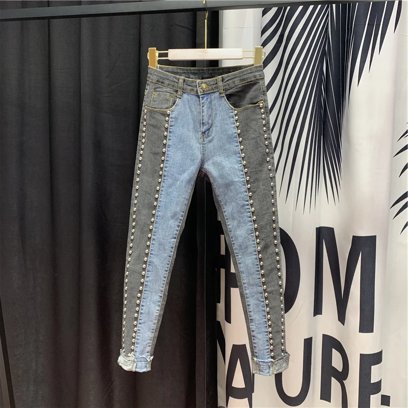 Летние джинсы женские с высокой талией смешанные цвета бисером узкие брюки высокая уличная мода Колледж джинсовые брюки длиной до щиколотки s-xl