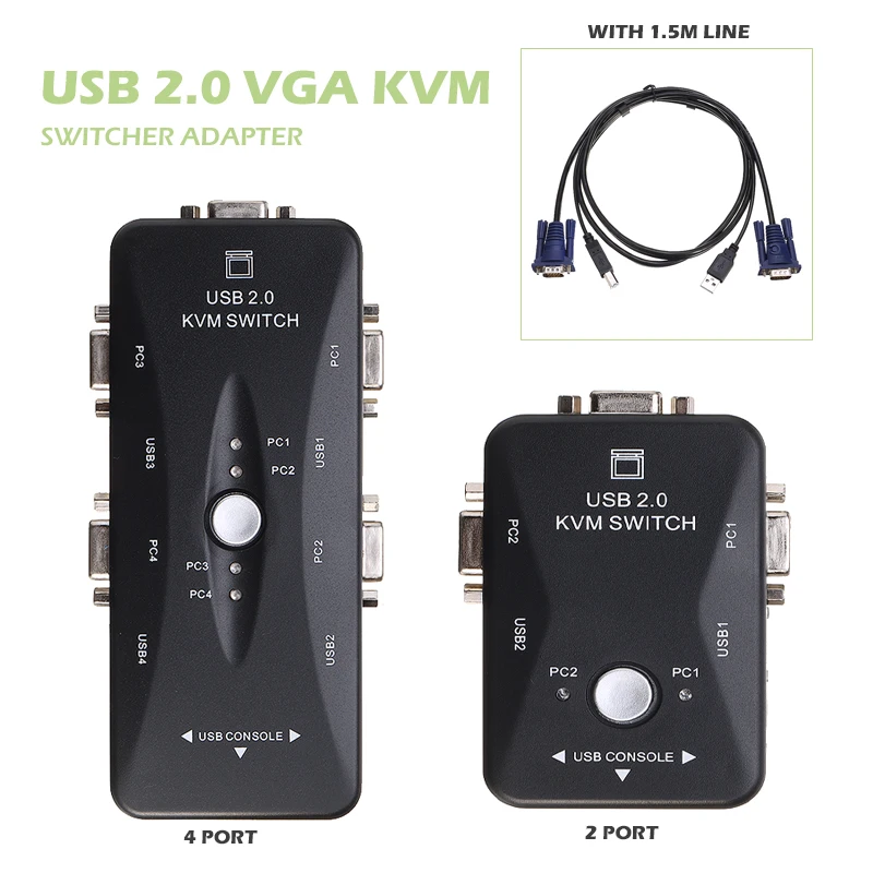 KVM Switch Box 2/4 Port USB 2.0 Plus VGA USB Cables For Computer Sharing Monitor 