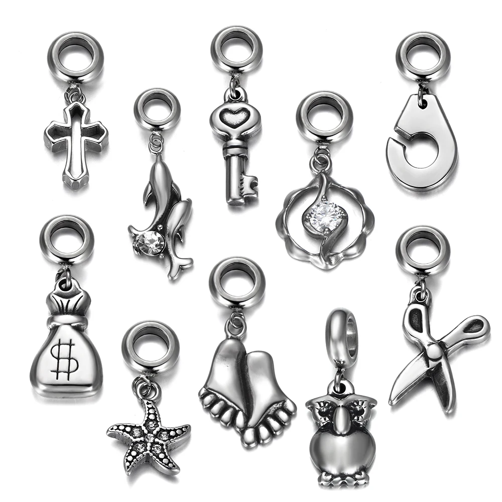 

2pcs Stainless Steel 5.5mm Hole Patterned Dangle Beads Spacer Slide Charms for Chain Bracelets DIY Jewelry Making Accessories