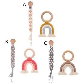 

2 Pack Handmade Baby Teething Set Wooden Teether Rings Universal Pacifier Clip Chain Teether Holder Baby Shower Gift