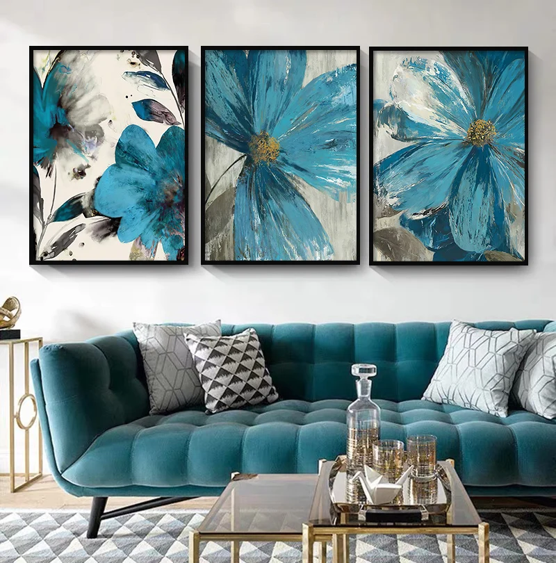 Vintage Abstract Blue Paint Flowers Canvas Painting Poster Blooming Life Stampa Botanica Wall Art Pictures For Living Room Decor